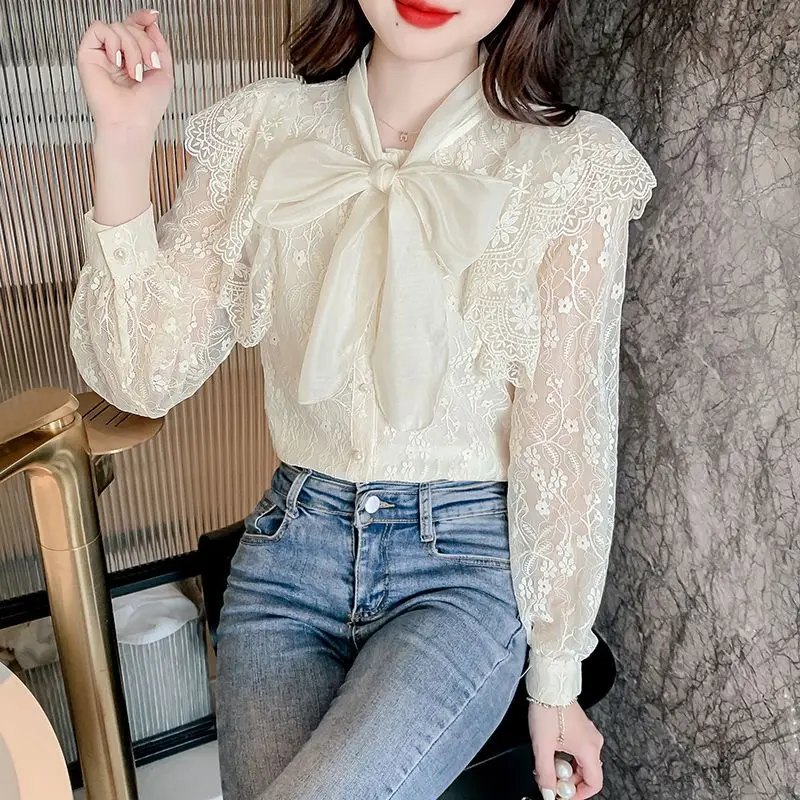 

Spring Autumn Blousas Office Lady Blouses Vintage Lace Tops Elegant Chiffon Blouse Women Slim Fit Hollow Out Casual Shirts A451