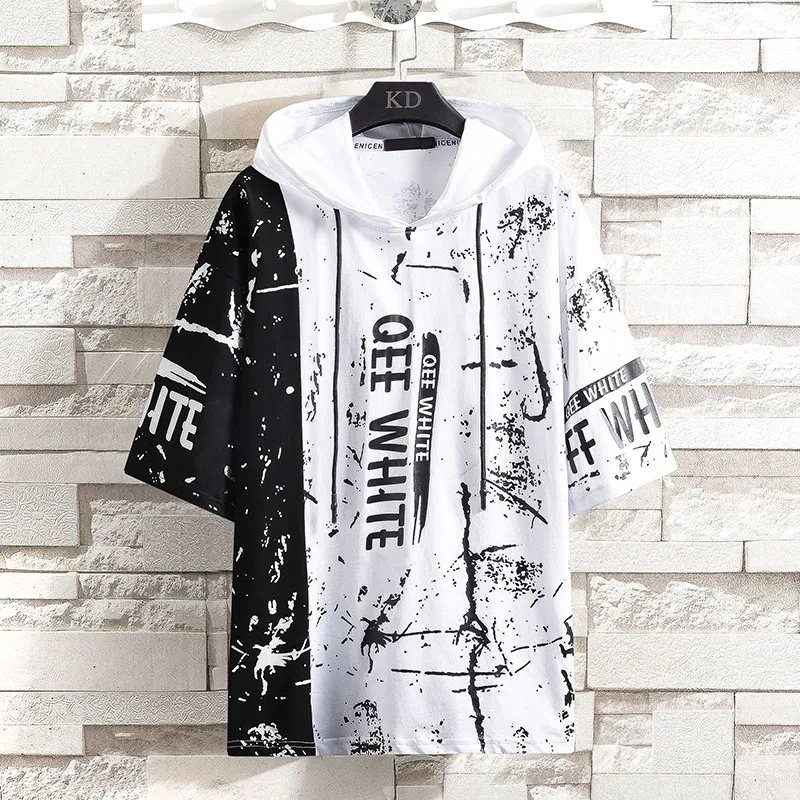 

Fashion Summer Short-Sleeved Hooded T-Shirts Harajuku Men's Korean Tshirts Casual Cotton Punk Tees Youth Streetwear Top Clothing