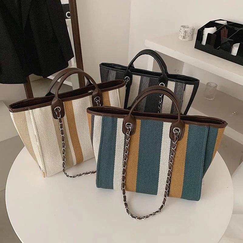 

2023 Korean Version Single Shoulder Crossbody Bag Large Capacity Striped Chain Bucket Bag Women's Handbag