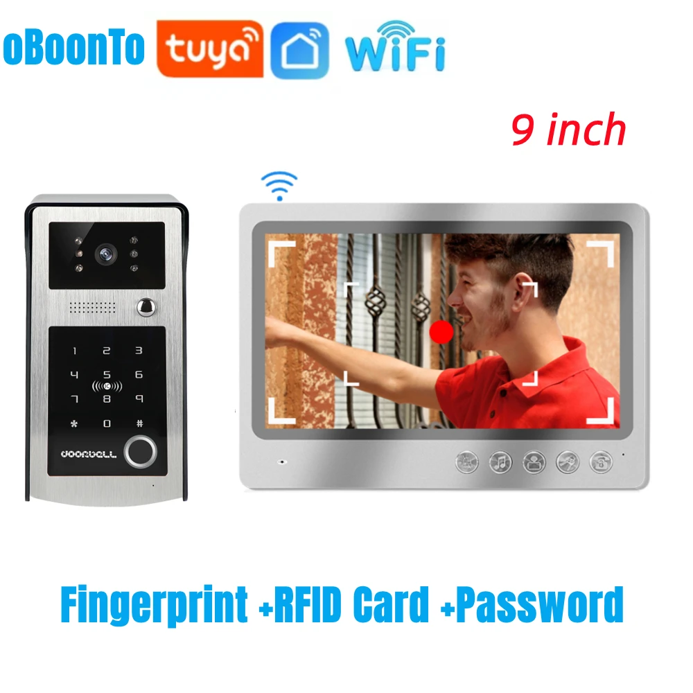 

9 Inch Fingerprint RFID Card Wireless Wifi Video Door Phone Doorbell Intercom System Tuya APP Remote unlocking Door for Home