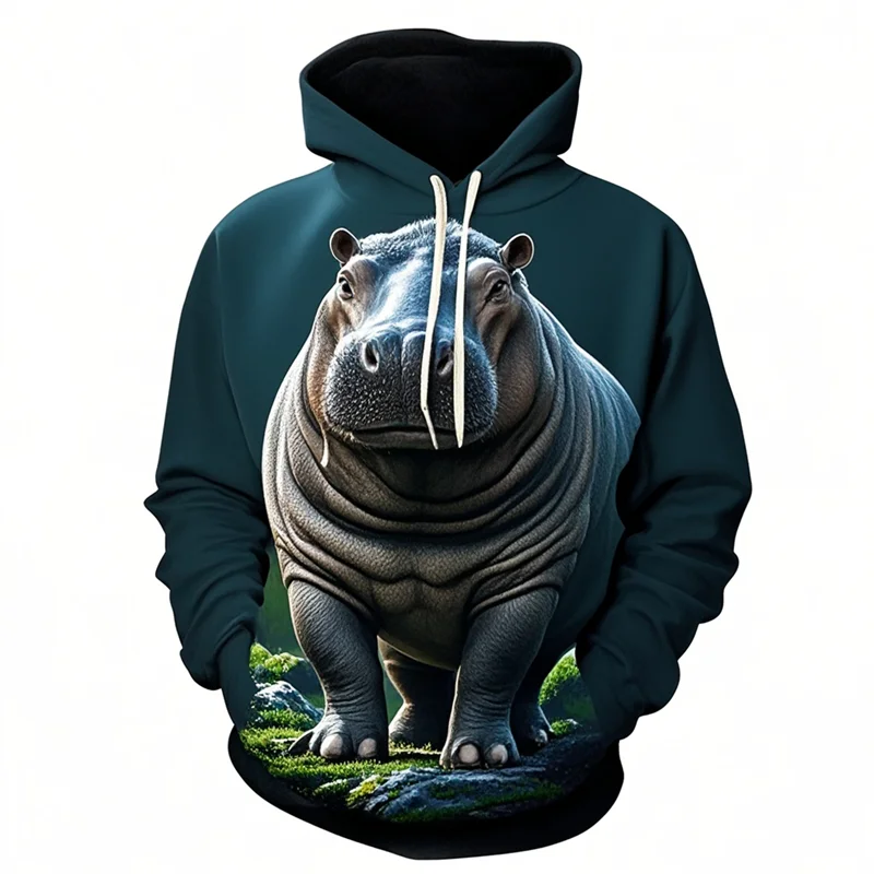 Фото New Fashion Animal Hippopotamus 3D Printed Unisex Hoodies Personality Casual Cute Pigmy Hippopotamus Oversize Sweatshirts Tops №4