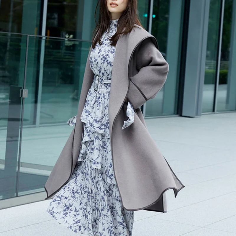 

CINESSD 2021 Autumn Winter New Women Warm Outerwear Japanese Temperament Jackets Big Lapel Hooded Slim Waist Sashes Coats