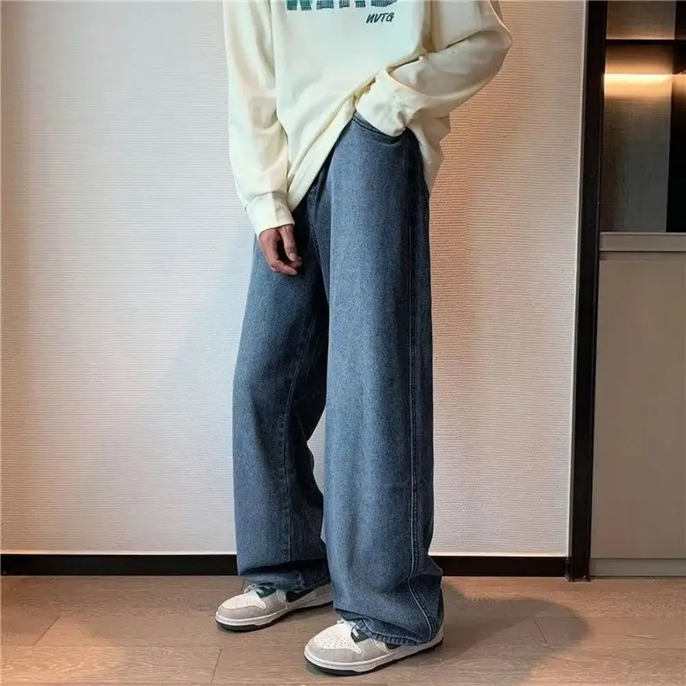 Baggy Men Jeans Solid High Street Teens Trousers Casual Denim Chic Harajuku Streetwear Hip Hop Wide Leg Pants Men Jeans