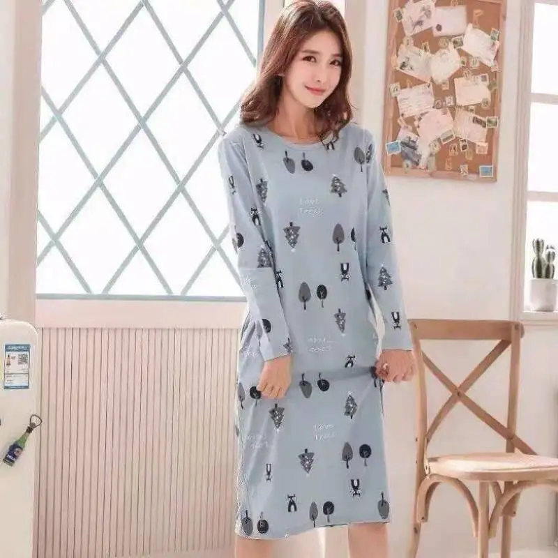 Cotton Nightgown Cute Cartoon Night Dress Autumn Women's Sleepwear Long Sleeve Nightwear Home Dress Female Sleep Shirts Nightie
