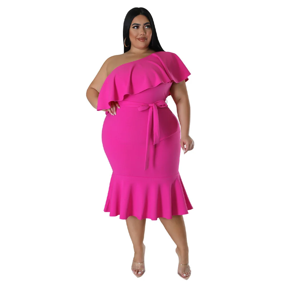 Plus Size Women's Dress Fashion Slim Casual Ruffle Edge Smocked Mid-length Dress Large Size Female Solid Color Elegant Dresses
