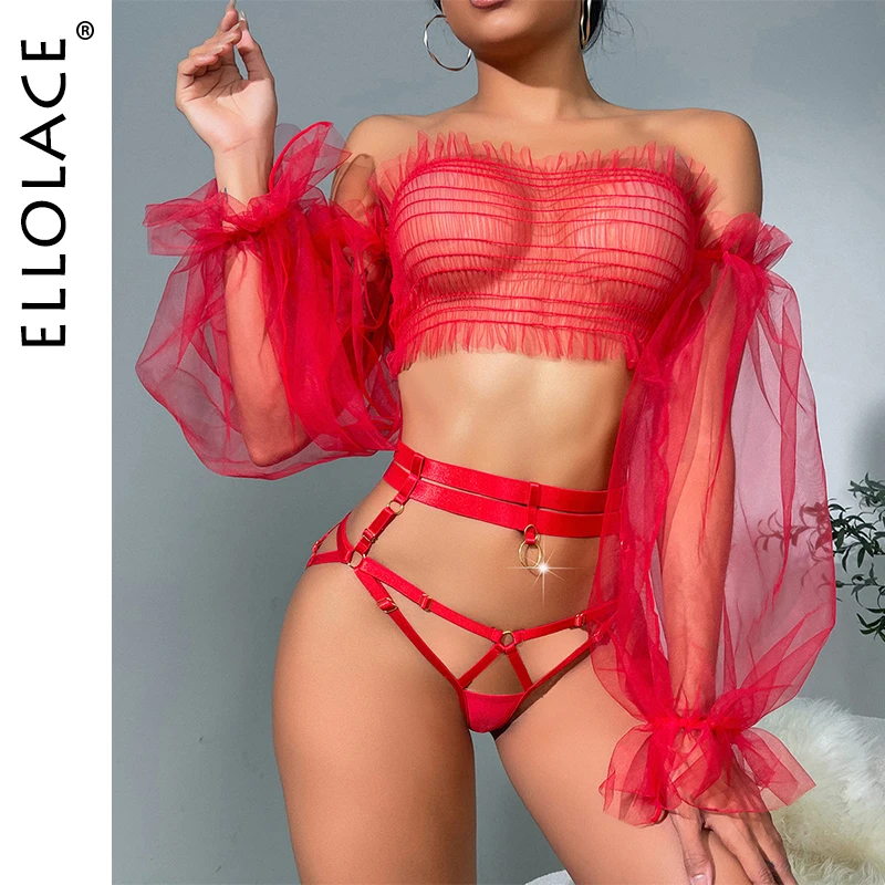 

Ellolace Sheer Mesh Off Shoulder Lingerie Sets Crotchless Naked Erotic Outfits Uncensored Long Sleeve Transparent Sissy Intimate