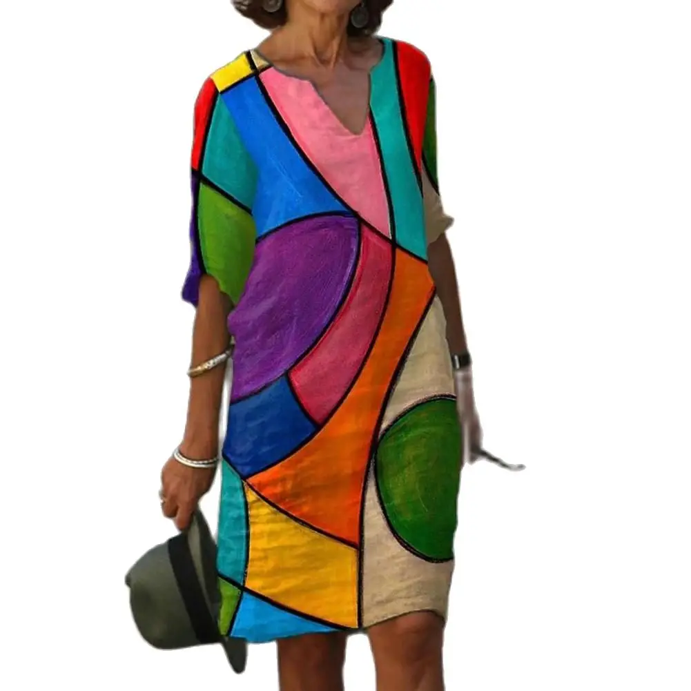 

Vintage Dress Women Printed Loose Half Sleeve V Neck Knee-length Robe Elegant Spring Summer Dresses Party