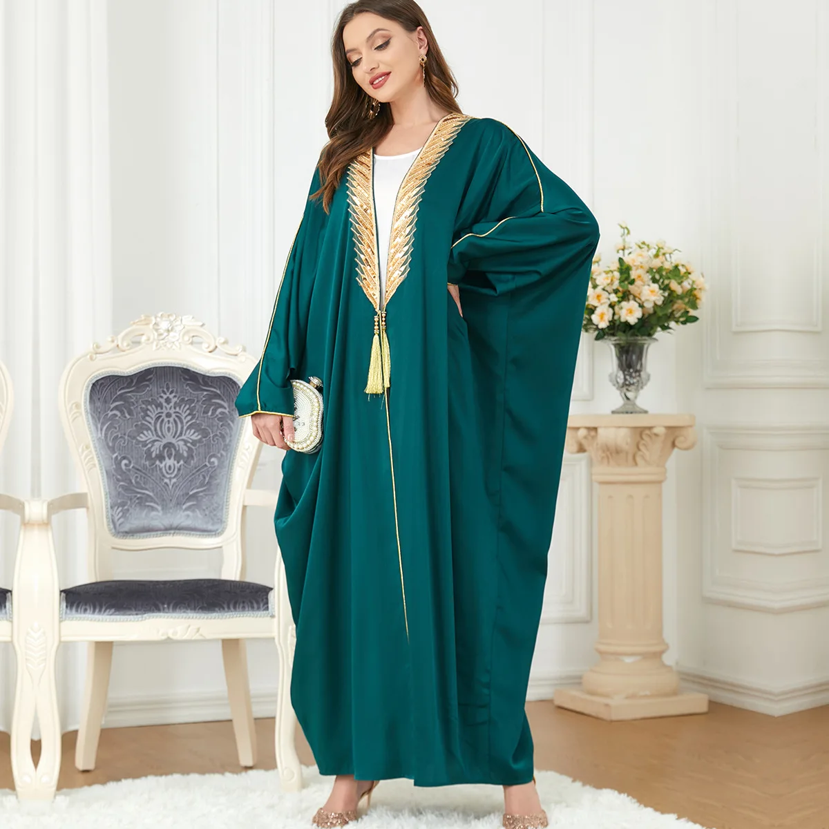 Women's Spring and Summer Muslim Fashion Fringe Bat Sleeve Gown Coat Turkish Indian Abaya Arab Islamic Women's Kaftan Gown