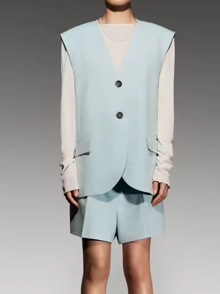 

Kumsvag 2022 Summer Women Solid 2 piece sets Suits Casual Loose V-Neck Vests Coats and Shorts Female Elegant Street Suit Clothes