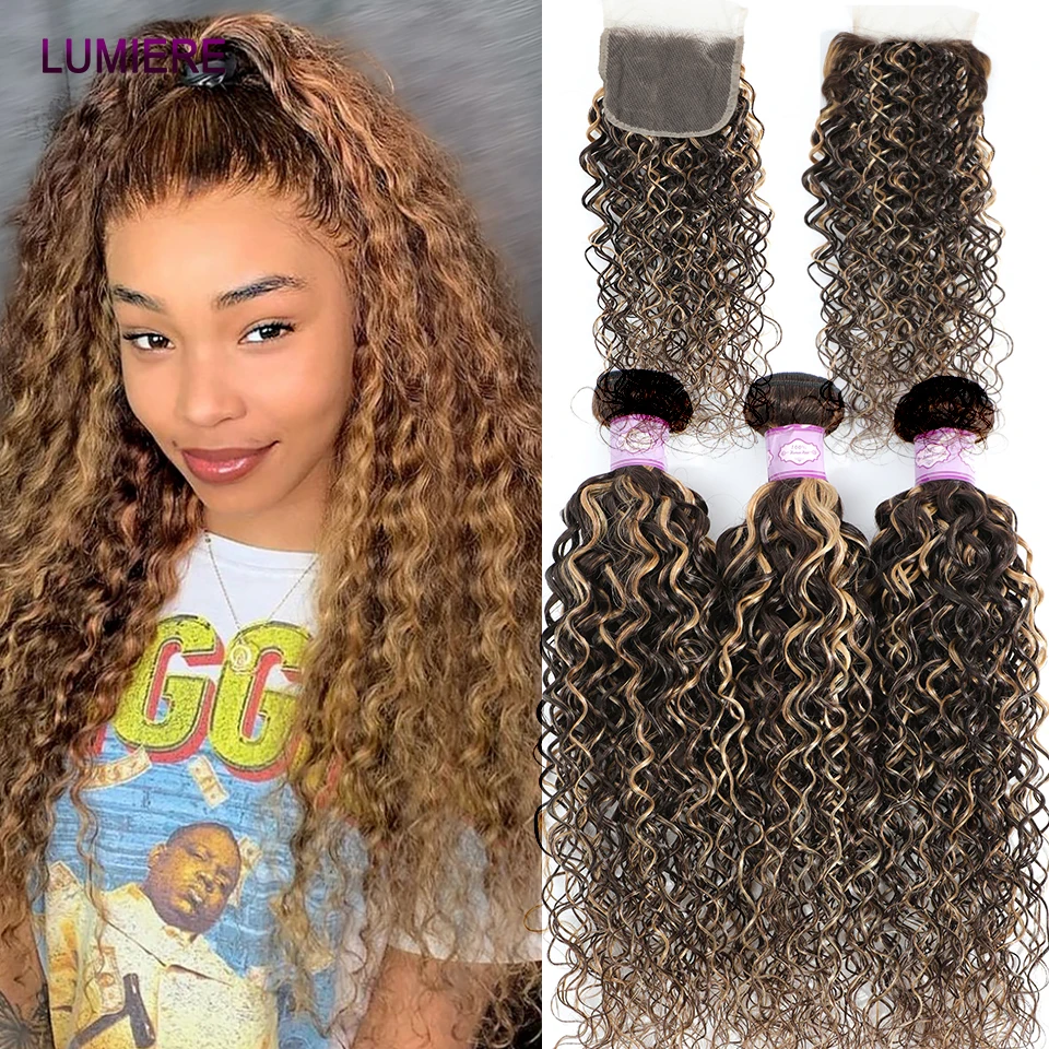 

P4 27 Highlight Water Wave Bundles With 4X4 5x5 6x6 HD Lace Closure Ombre Colored Human Hair Weave Bundles With Closure Frontal