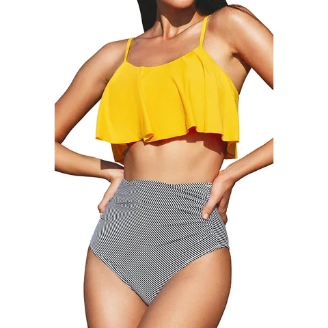 New Solid Stripe Split Sling Strap Ruffle Bikini High Waist Sexy Swimwear for Women Beach Wear Bathing Suit Bikinis 2023 Mujer