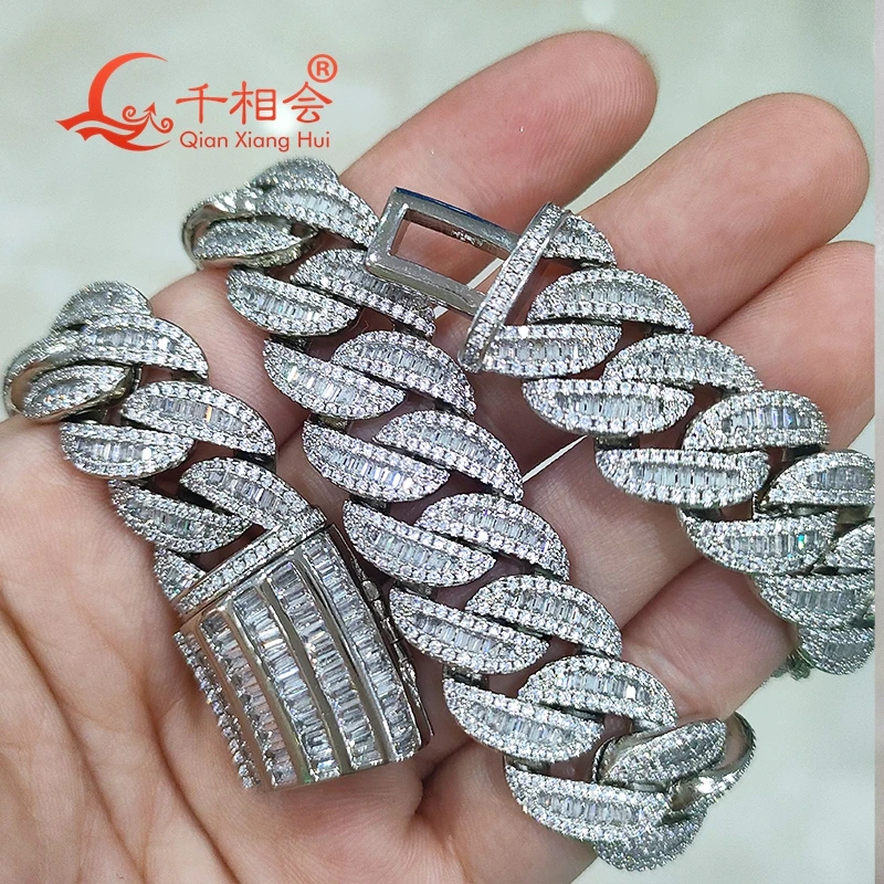 Necklace S925 silver 15mm baguette half moon Cuban Link Iced Out Hip Hop white Moissanite Link Chain Jewelry Women Men Gifts