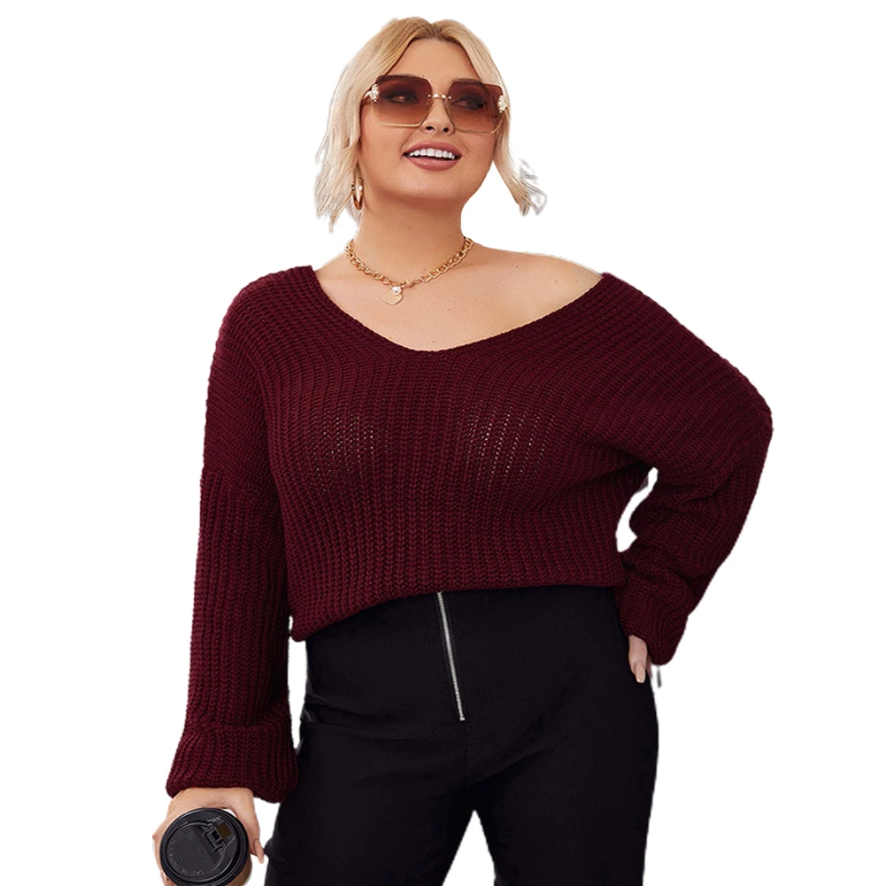 Autumn And Winter V-neck Knitted Sweater Plus Size Women Sweater Soild Long Sleeve Knit Tops Loose Pullover Ladies XL-3XL 4XL