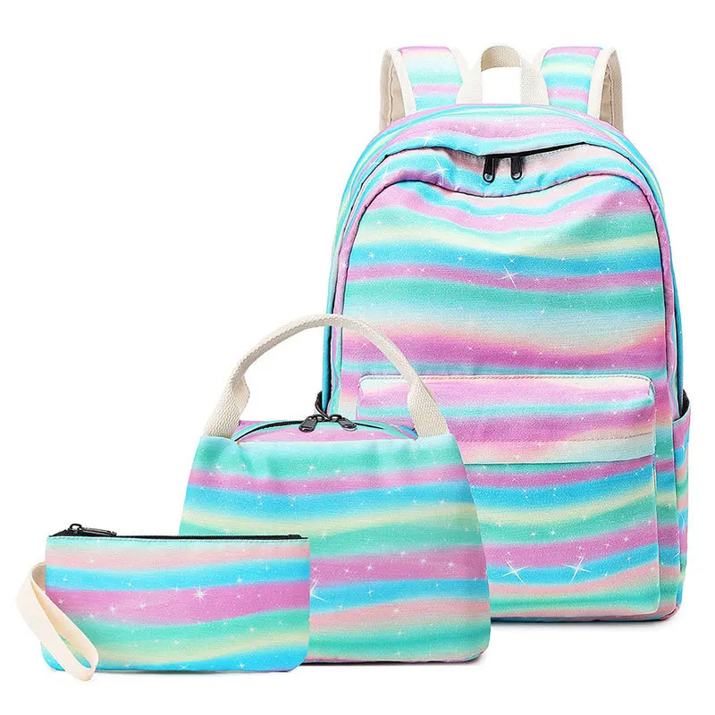 Women's Backpack Rainbow Stripe Canvas Backpack Three Piece Set Schoolbag for Middle School Girls