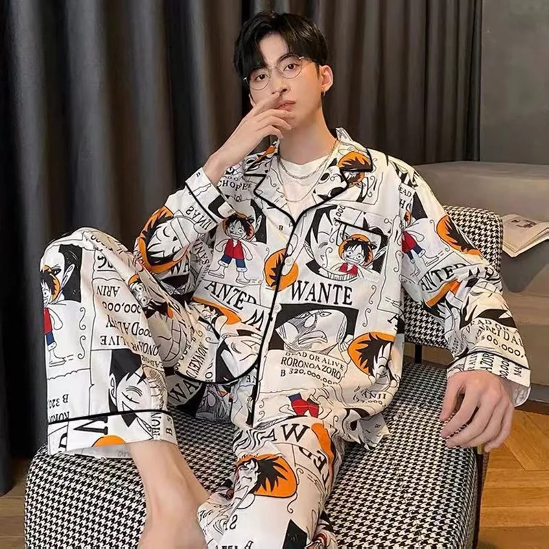 Men Pyjama Set Autumn Long Sleeves Home Clothes for Man Anime Bear  Luff Thin Pajamas Satin Silk Home Wear Stripe Sleepwear