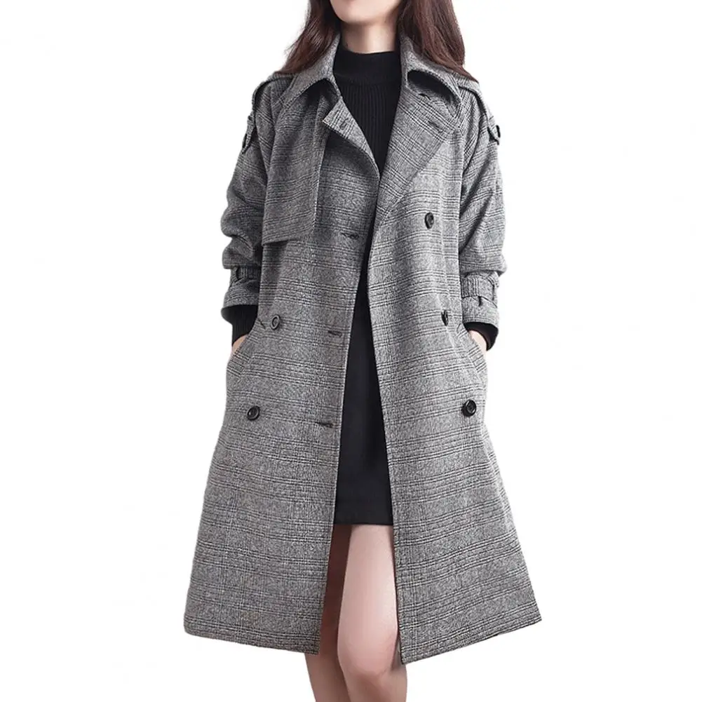 

Приталенное пальто, шикарное Женское шерстяное пальто в клетку с принтом, двубортное пальто средней длины с поясом для осени и зимы, модная женская верхняя одежда