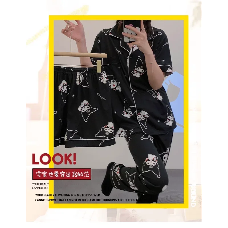 Sanrio Kuromi шелковые пижамы женские летние хлопковые с короткими рукавами