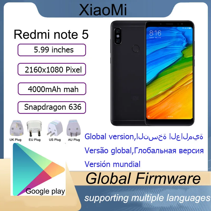 Xiaomi Redmi Note 5 Smartphone 4g 64g Snapdragon 636 2160*1080 5.99 HD Screen 13.0MP Camera Global Firmware