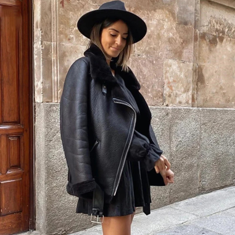 Casual Faux Fur Splicing Black Leather Jacket Thick Warm Winter Office Ladies Coat Women Streetwear Motorcycle New In Outwears