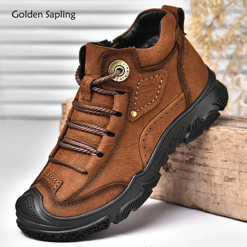 Golden Sapling Winter Boots Men Fashion Genuine Leather Shoes Classics Mountain Footwear Retro Men's Boot Outdoor Warm Shoe Male