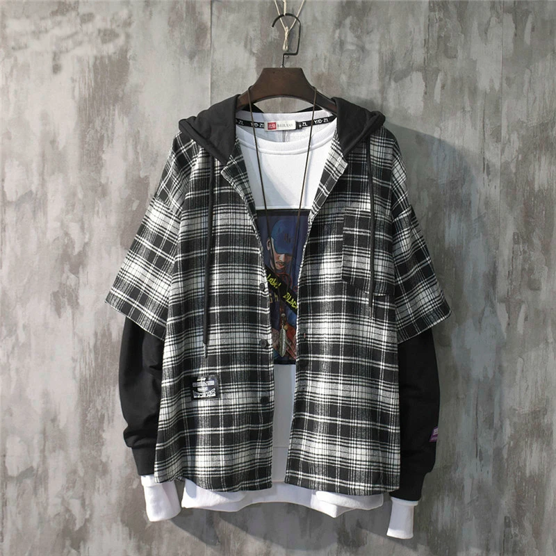 

2022 New Fashion Autumn Hooded Collar Plaid Stitching Sweatshirt Men Japanese Tide Drawstring Loose Casual Hoodies 9A145