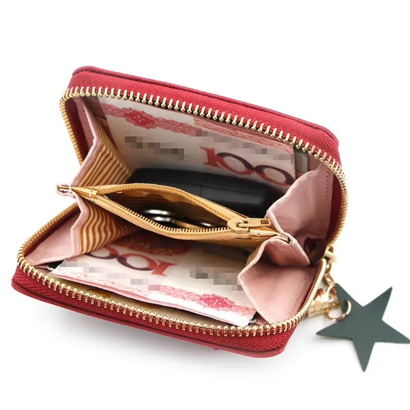 Purse Leather Heart Embroidery Short Wallet Ladies Tassels Star Pendant Money Bag Girl Small Wallets Money Clip 2021 New