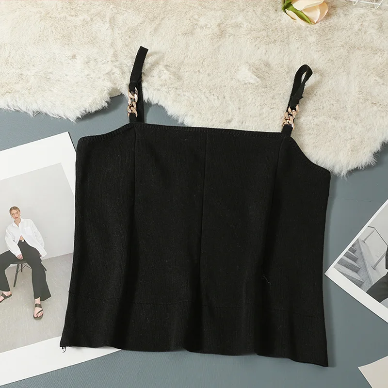 

Junjunwu Thin Spring/Summer Slim Basic Show Top Women's New Short Knitted Metal Decorative Sling Women's Clothes