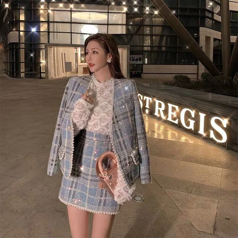 Women Tweed Suit Female 2022 Autumn Winter New Casual High Street Noblewoman Clothes Sequin Plaid  Skirt Sets Office Lady Wear