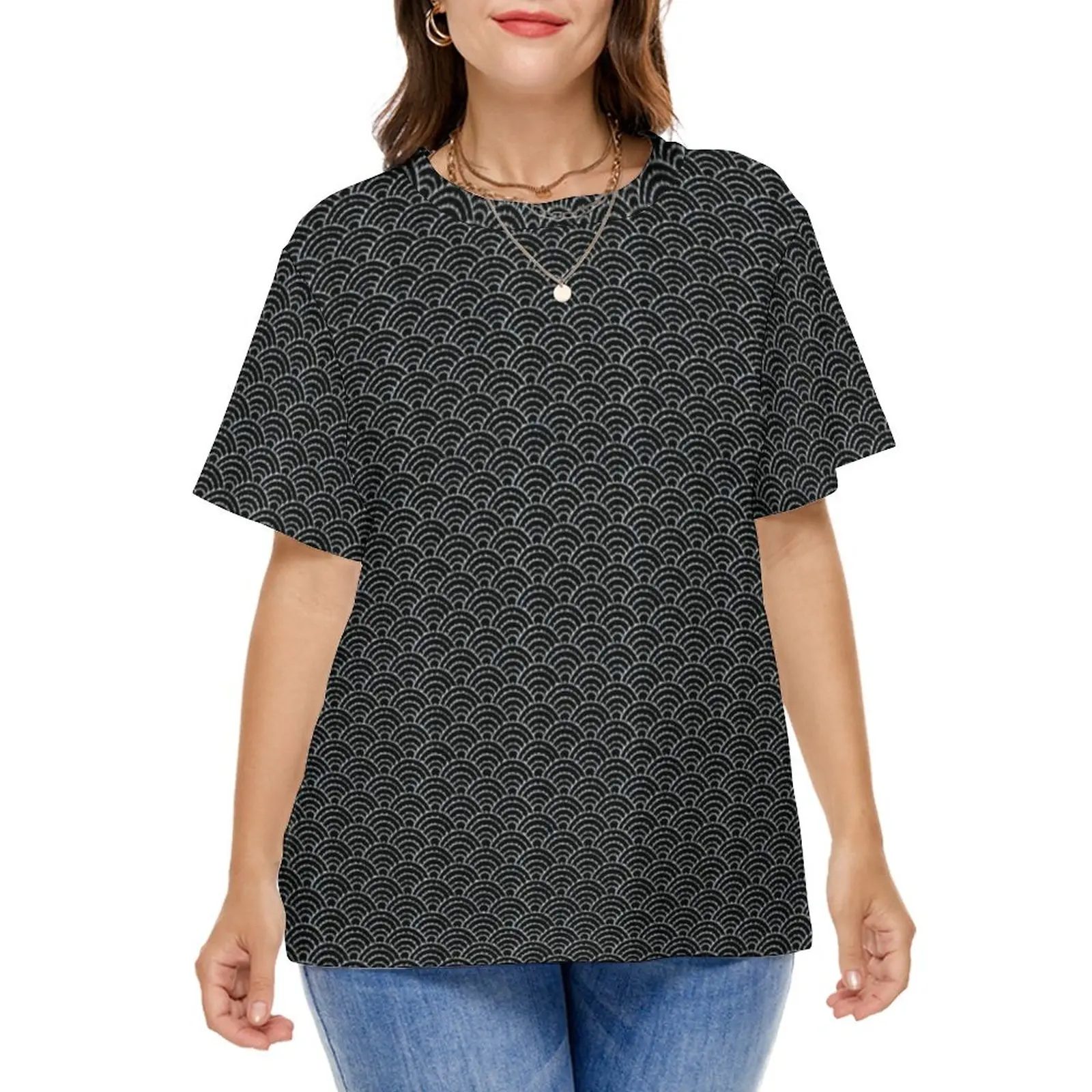 

Black Seigaiha T-Shirt Dark Arches Print Kawaii T Shirts Short Sleeve Street Style Tshirt Summer Trendy Tees Plus Size 4XL 5XL