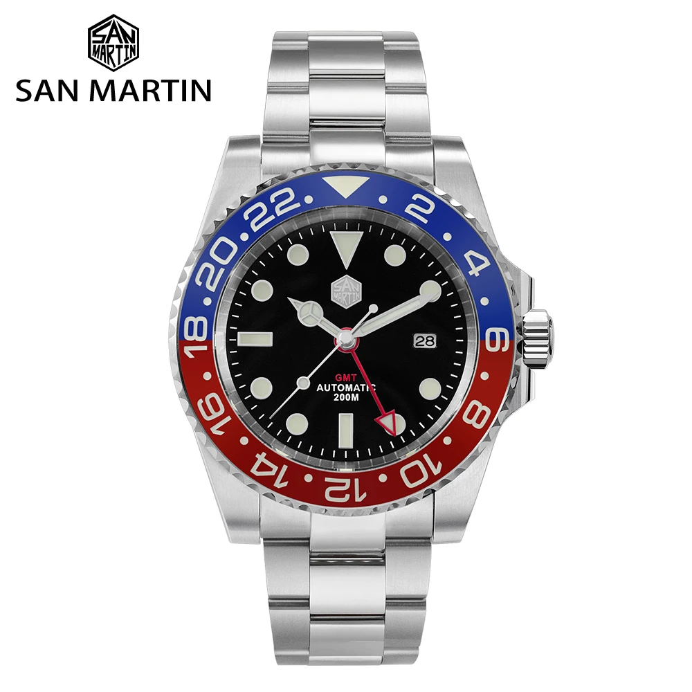 

San Martin GMT Diver Watch Bidirectional Ceramic Bezel Sapphire Cyclops Automatic Mechanical Luminous Waterproof 20Bar BGW-9