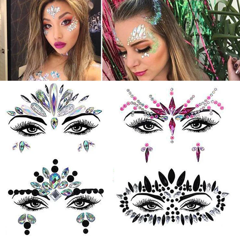 

DIY 3D Diamond Face Jewelry Tattoo Shiny Rhinestones Halloween Makeup Eyebrow Sticker Self Adhesive Music Festival Decoration