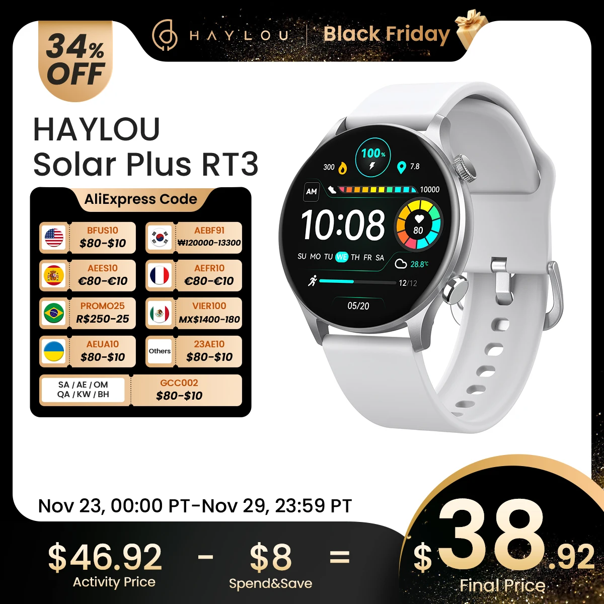 HAYLOU Solar Plus RT3 Smartwatch 466*466 Pixels 1.43"AMOLED Display Bluetooth Phone Call Health Monitor IP68 Sport Smart Watch