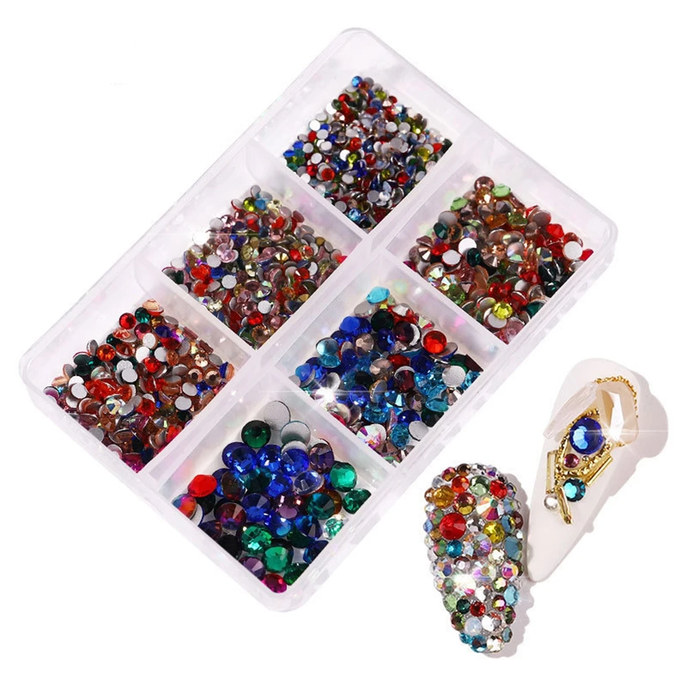 

1 Box/6 Grids Mix Size SS6-SS20 Glass Flat Back Stones Glitter Crystal AB Non Hotfix Strass Rhinestones for Nail Art Garment