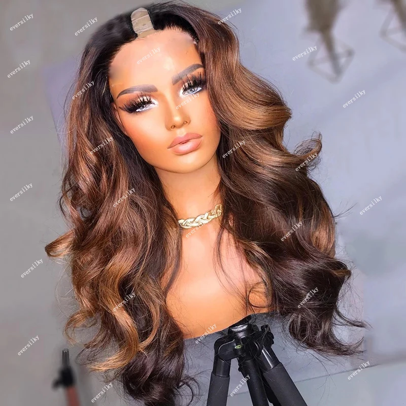

Highlight Chestnut Brown Glueless Loose Wave V Part Wigs Remy Full Machine Half Wigs Ombre Blonde Chocolate U Shape 250Density
