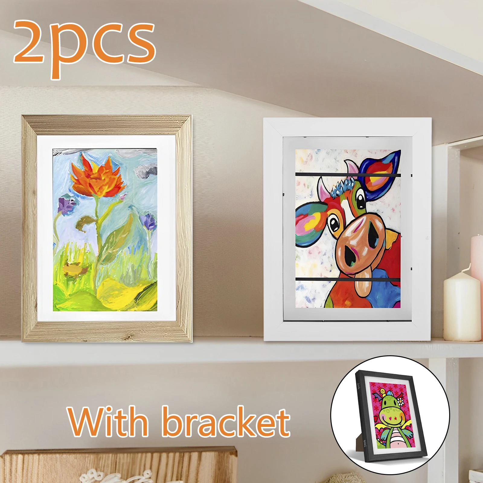 

2Pcs Kids Art Frame A4 Front Opening Photo Frames with Stand Wooden Kids Artwork Display Frame for 100 Pictures Horizontal and