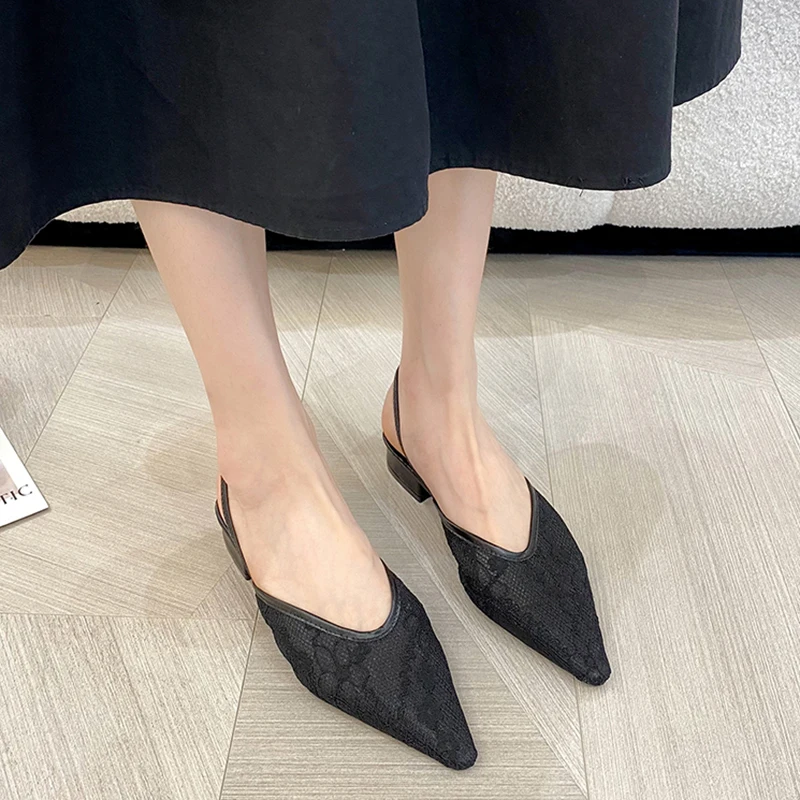 

Lace Black High Heels Women's Pointed Toe Square Heel See-through Shoes New Simple Office Lady Pumps Banquet Dress Wedding Heels