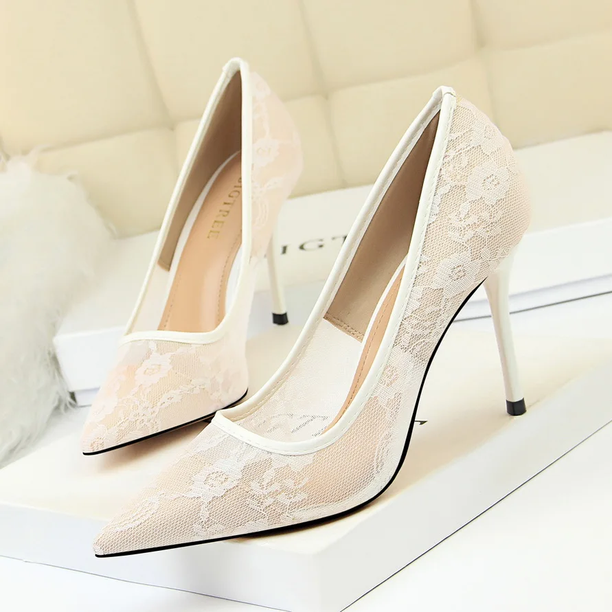 BIGTREE Shoes Woman Pumps Flower Embroidery Lace High Heels Sexy Party Shoes Stiletto Fashion Women Heels Mesh Women Shoes