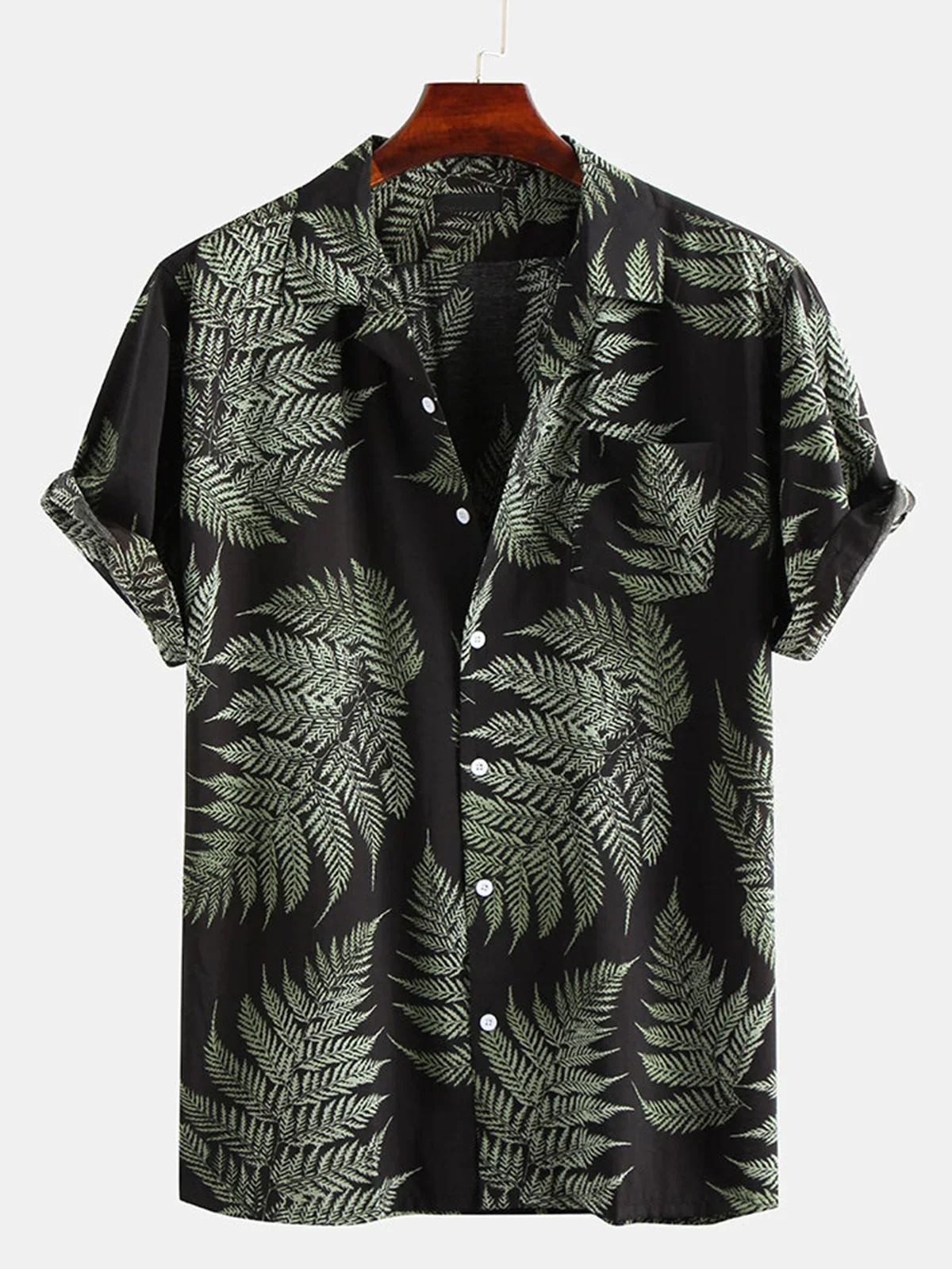 

Holiday theme Men's 100% Cotton Leaf Printed Chest Pocket Turn Down Collar Short Sleeve Shirts