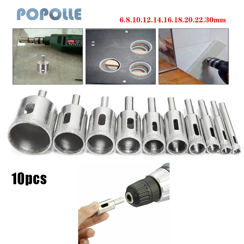 10 Piece Set 6-30mm for Power Tools Tile Marble Glass Drill Bits Diamond Coated Hss Bits Sets Hole Saw Bits