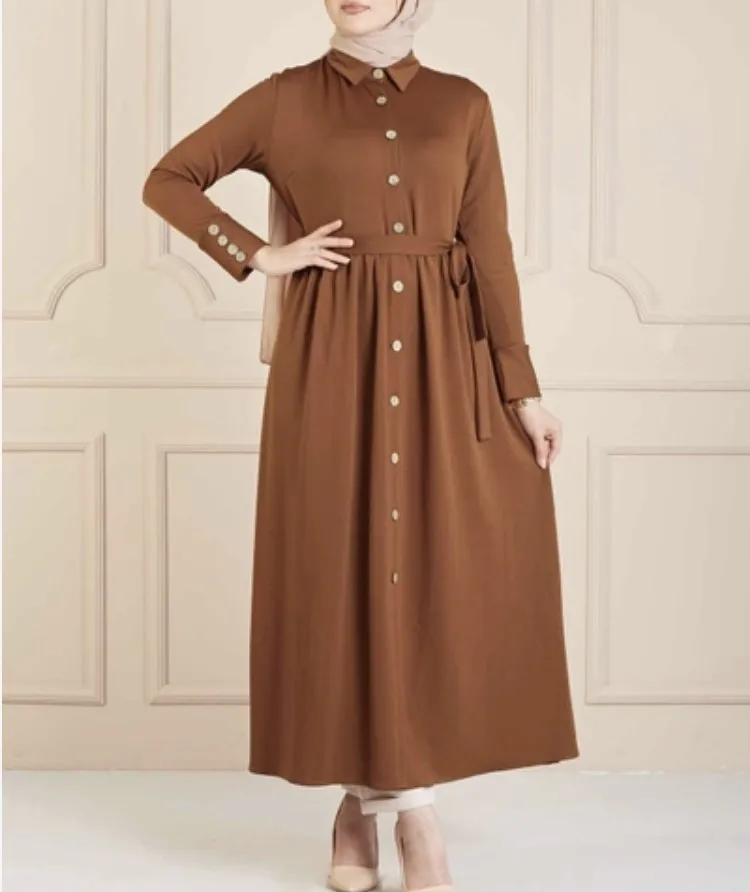 

Eid Mubarak Muslim Maxi African Dresses for Women Solid Color Button Long Sleeve Dubai Abaya Turkey Arabic Long Hijab Dress
