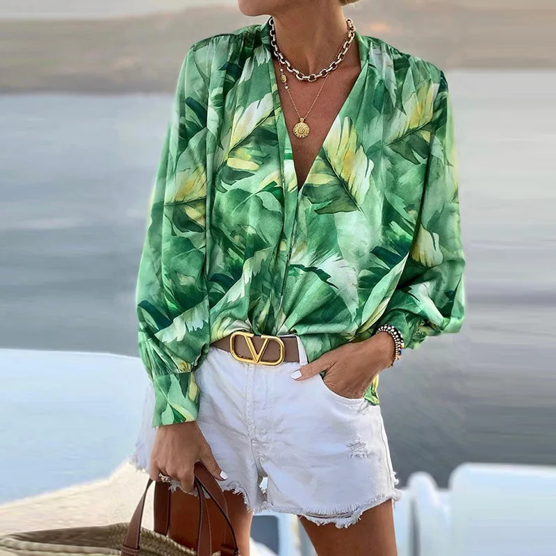 

2022 Autumn Summer Leaves Printed Top Shirt Women's Clothing Street Casual V-neck Shirt Blouse Tops Sexy Loose