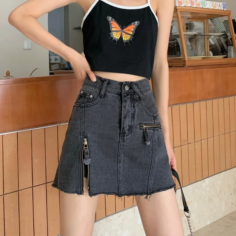 

Skirt Women Fashion 2023 Real Shot Retro Net Red High Waist Slim Zipper Slit Denim Ladies Short Skirt Pants Female Skirt