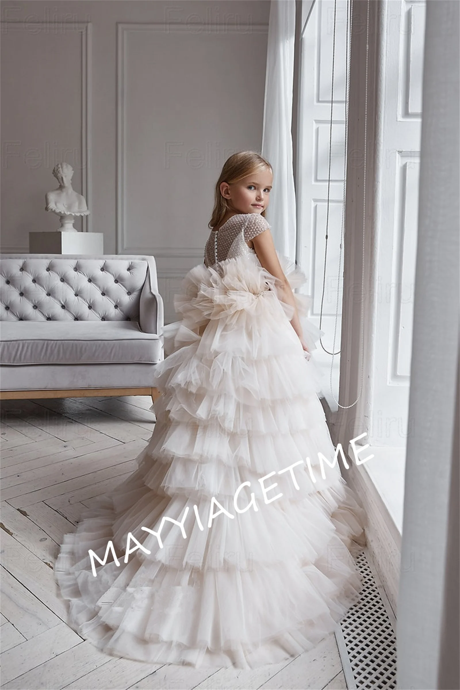 

Потрясающие тюлевые цветочные платья для девочек на свадьбу с жемчугом многоярусные трапециевидные рукава платье для выпускного вечера детское платье для первого общения