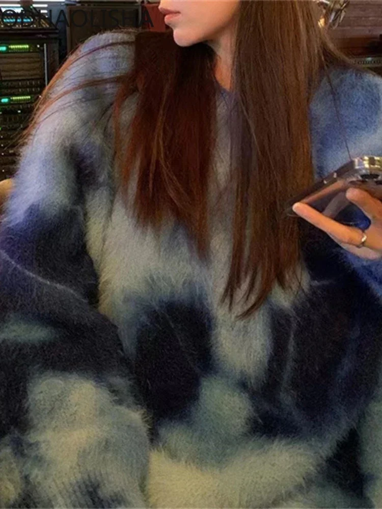 

Women Sweater Autumn Winter Tie Dyed Korean Edition Contrast Color Casual Lazy Round Neck Loose Knitted Coat Women's Clothing