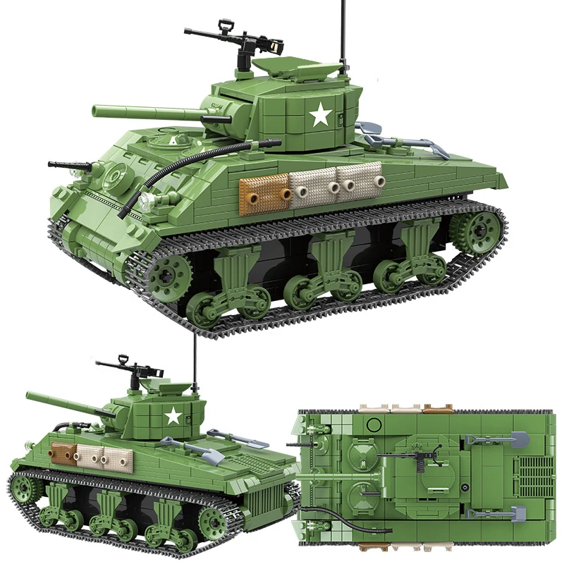 

726PCS US Sherman M4A1 Tank Model Building Kit Stacking Blocks WW2 Tank City Children Soldier Weapon Bricks Kids Toys Gifts