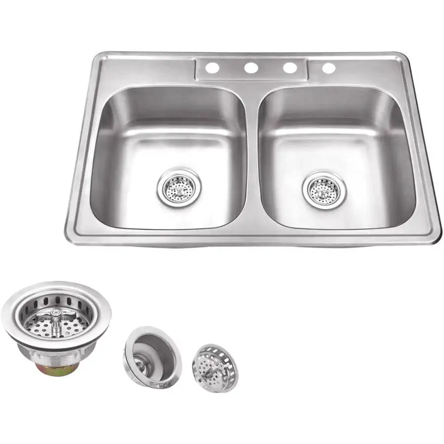 

33-in x 22-in 20 Gauge Stainless Steel Double Bowl Kitchen Sink and Drain Assemblies