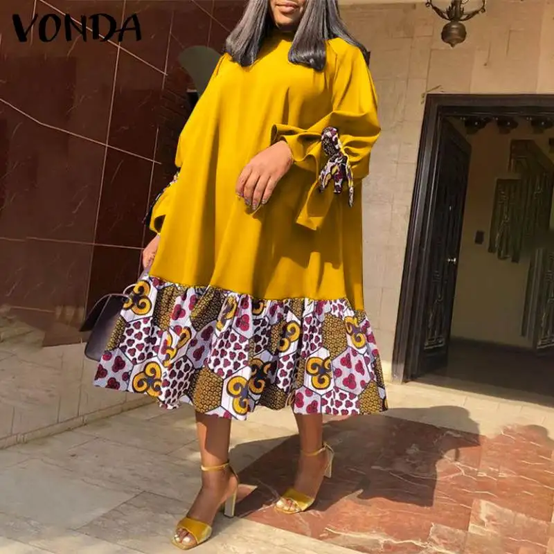 

Summer Printed Dress VONDA 2022 Women Vintage Flare Sleeve Bohemian Midi Dress Sexy Party Vestidos Lady Sundress Femme Robe
