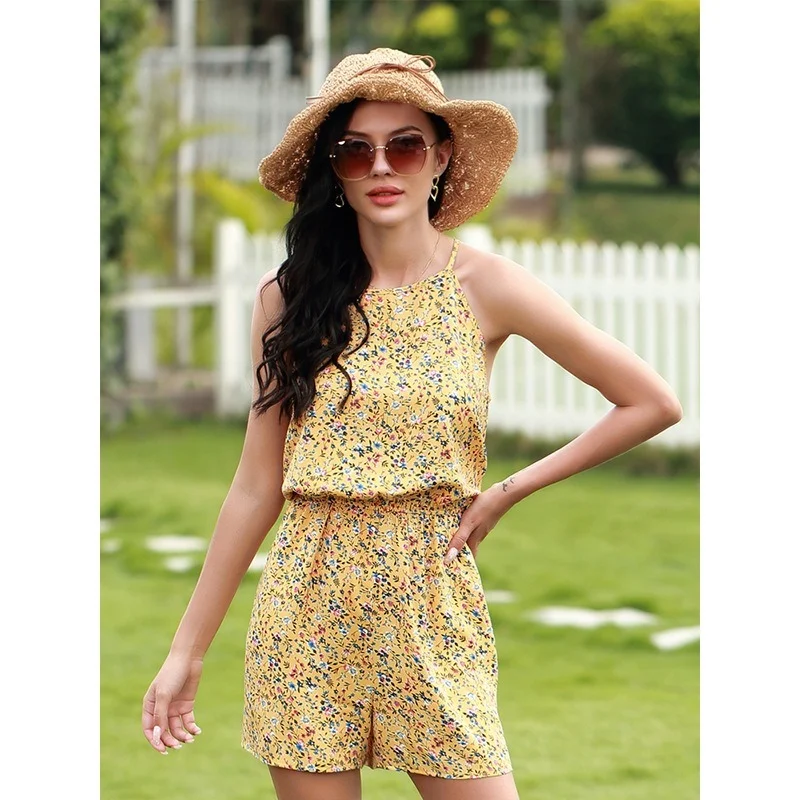 2021 Sling O Neck Vintage Floral Sexy Casual Jumpsuits Women Summer Loose Hollow Out Shirring Sleeveless Playsuits Boho Fashion