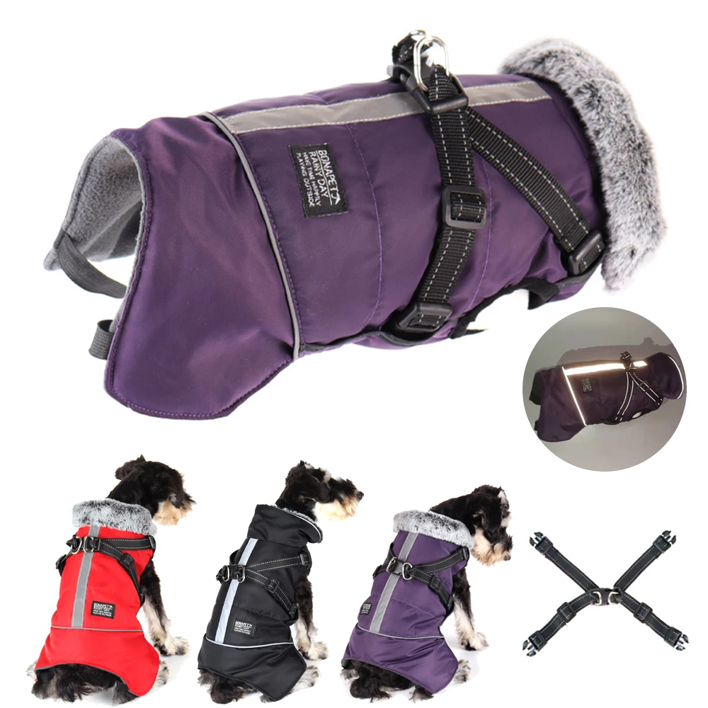 

Waterproof Dog Jacket Large Dog Clothes with Harness Winter Warm Fur Collar Dogs Clothing Reflective Padded Small Big Dogs Coats