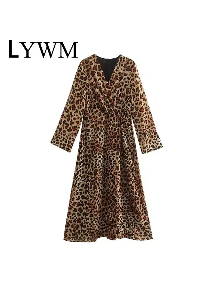 

Модное женское платье миди LYWM с принтом, винтажные женские шикарные платья с V-образным вырезом, длинными рукавами и молнией сзади